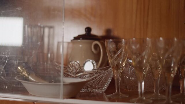 Dusty teapot and glasses behind glass, shopkeeper imagined dusting ornate crystal flutes and porcelain teapot on wooden shelf, soft reflective squares, muted warm tones evoke nostalgic shop atmosphere
