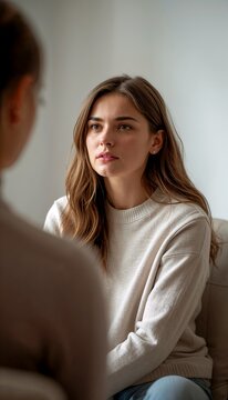 Young Woman During Psychological Counseling Session with Therapist