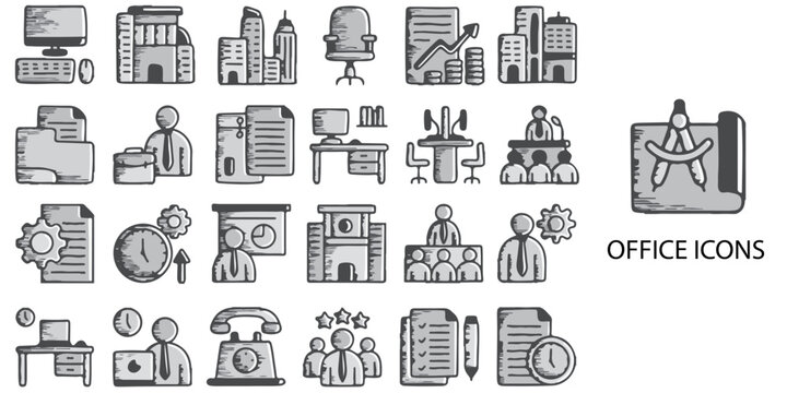Office Supplies simple concept 24 Grew Line Art color icons set. .Vector illustration.