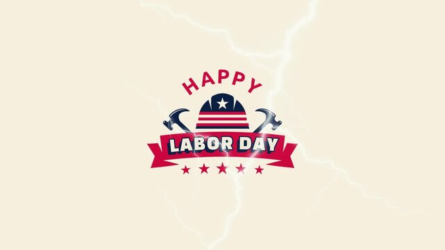 Labor Day emblem displays a red white and blue graphic featuring a construction helmet and crossed hammers over a light background with subtle lightning textures for national holiday celebrations.