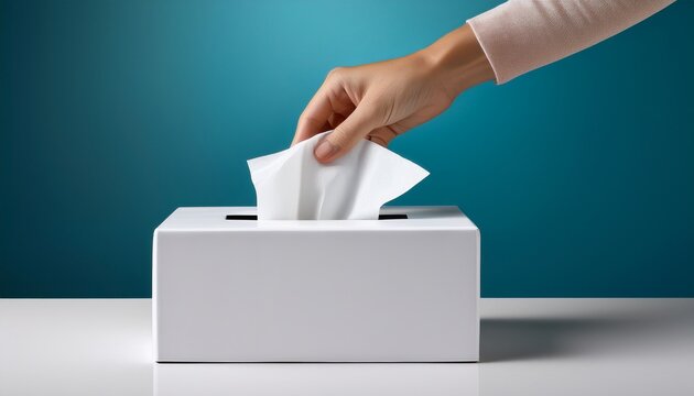 a hand reaching for a tissue from a white tissue box