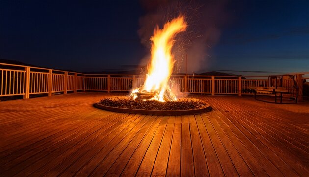 a large fire burning on a wooden deck at night