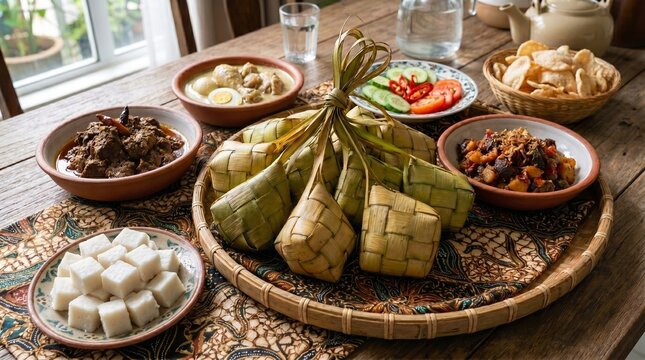 A high-angle view of an Indonesian Eid festive spread featuring a whole ketupat bundle, a plate of diced rice cakes, beef rendang, chicken opor, and sambal goreng ati on a rustic wooden table.