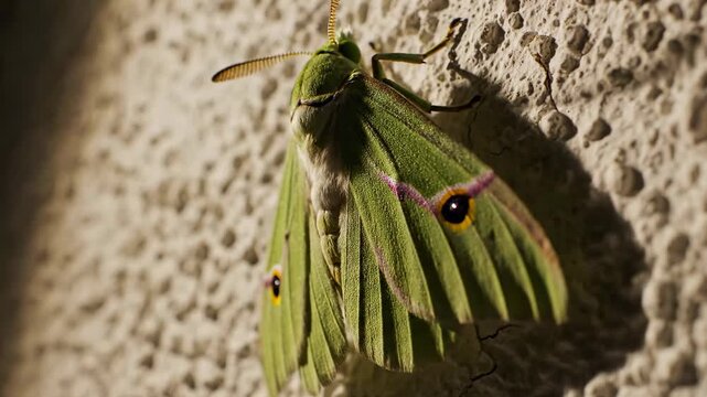 Moth rests on wall with shadows creating patterns. Close-up view captures intricate wing details. Location features textured surface in warm light. Concept of nature, wildlife, entomology