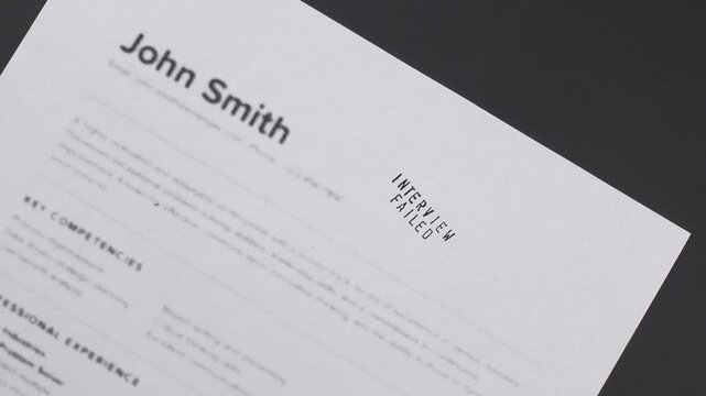 Fake mock CV (curriculum vitae) rejected by HR with Job Interview Failed stamp. Concept of job search, recruitment process, rejection, downsizing, restructuring, and job loss.