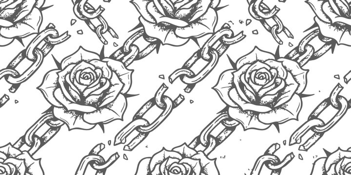 Seamless pattern with hand drawn black and white roses and metal chains in a classic old school tattoo style