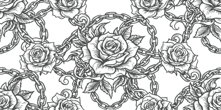 Seamless pattern with beautiful rose flowers and metal chains in a vintage hand drawn tattoo style sketch