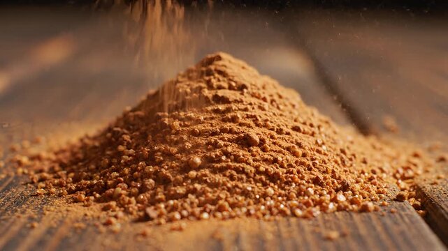 Closeup shot of buckwheat pouring onto a wooden surface.