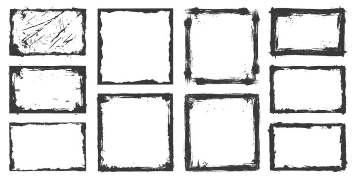 Set of various hand drawn ink brush stroke frames and square borders for artistic designs and photo layouts