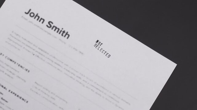 Fake mock CV (curriculum vitae) rejected by HR with Not Selected stamp. Concept of job search, recruitment process, rejection, downsizing, restructuring, and job loss.