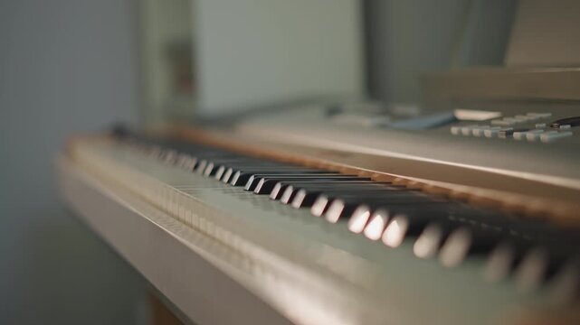 Close up electronic keyboard on desk, dim studio light, producer composing beats and chords, usb controller and presets visible, focused creative workflow for modern music production