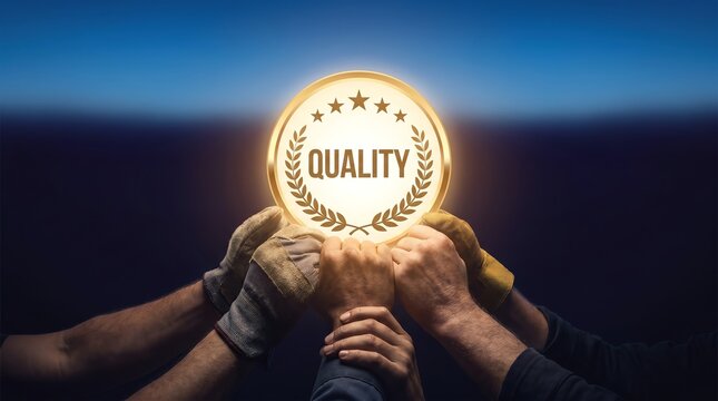 United hands of a diverse team elevate a radiant golden quality badge, embodying a commitment to excellence, high standards, and collective achievement in service and professional endeavors