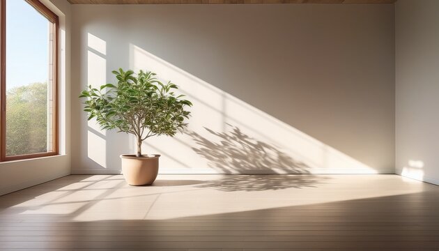 sunlit minimalist room with a single potted tree casting soft window shadows calm and airy atmosphere