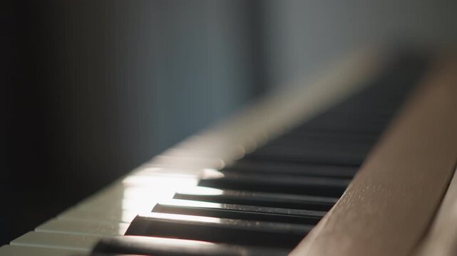 Soft cinematic bokeh enhances thoughtful musical improvisation scene in sunlight. Tender and warm sunlight illuminates solo musician exploring melody with reflective resonance in cinematic style