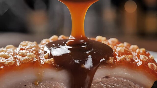 Delicious Crispy Pork Belly Being Drizzled with Rich Gravy Sauce.