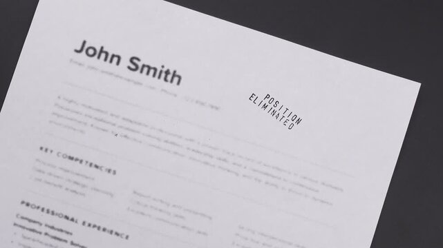 Fake mock CV (curriculum vitae), rejected by HR with Position Eliminated stamp. Concept of job search, hiring mismatch, recruitment process, rejection, downsizing, restructuring, and job loss.