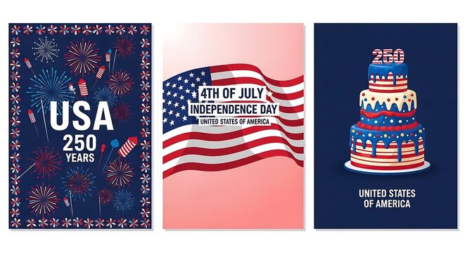 Vibrant 4th of july celebration poster set with patriotic symbols and american flag designs on white background