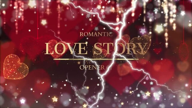 Love story text shines in golden letters surrounded by glowing red hearts and sparkling particles while vibrant lightning bolts illuminate the dark atmosphere of this digital romantic motion graphic.