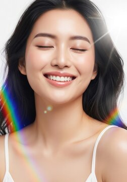 Radiant asian woman smiling with eyes closed rainbow light effects skincare and beauty concept