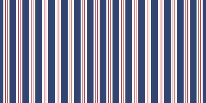 Seamless vertical stripe pattern with navy blue background, white bands and thin red lines, creating classic textile design for wallpaper, fabric, wrapping paper, fashion prints and decor accents home