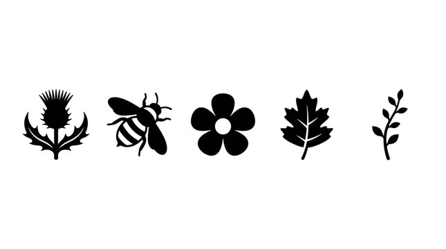 Thistle bee flower leaf branch nature icons set in a clean minimalist black silhouette style, representing various natural elements.
