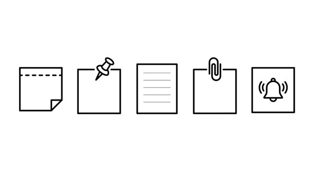 Various outline note document reminder notification icons for organizing tasks, managing information, and setting important alerts in digital interfaces.
