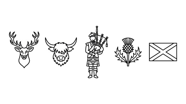 Scottish symbols and national emblems are beautifully rendered as clean line art illustrations representing the country's rich heritage.