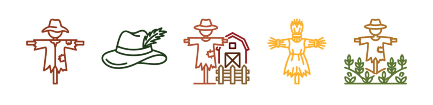 Various scarecrows and farming related outline icons depicting autumn harvest, rural life, and agricultural themes in a simple line art style.