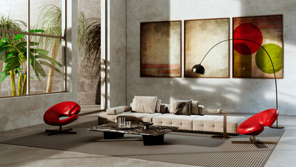 Obraz premium 3D render, illustration Large Luxury modern living room interior, brutalist architecture realistic lighting, Graphic Overlay wide angle, contemporary furniture, clean lines, minimalist decor, elegan