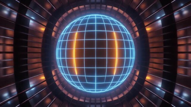 Glowing spherical grid with orange arcs inside futuristic chamber, symbolizing energy core, fusion, and advanced sci‑fi technology.