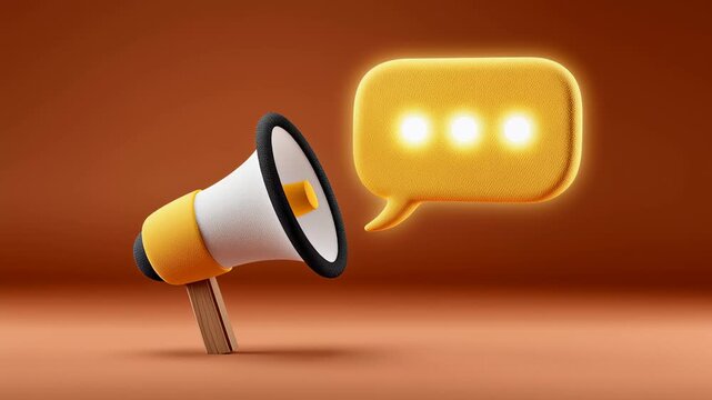 Megaphone positioned next to chat bubbles with smiling emoji. Vibrant orange background enhances design. Concept for marketing, public relations, social media