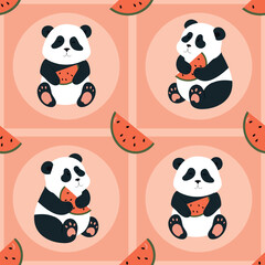 Fototapeta premium Seamless Pattern with Cute Cartoon Panda with Watermelon. Cute vector illustration for textile, wallpaper, scrapbook