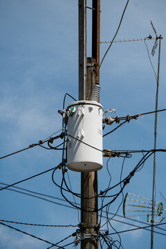 Pole-mounted distribution transformers step down high voltages from utility lines to lower voltages. 