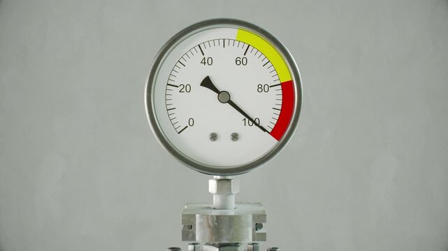Pressure gauge needle trembling into the red overload zone in a CG animation against a gray background. Industrial safety alerts, geopolitical tension reports, and crisis escalation presentations.