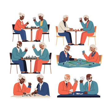Elderly friends playing games: chess, cards, mahjong illustration