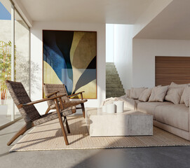 Obraz premium 3D render, illustration Large Luxury modern living room interior, brutalist architecture realistic lighting, Graphic Overlay wide angle, contemporary furniture, clean lines, minimalist decor, elegan