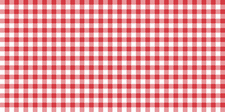 Seamless red and white gingham pattern with diagonal striped elements and balanced check layout, ideal for picnic themes, tablecloth designs, textiles, packaging and festive decor