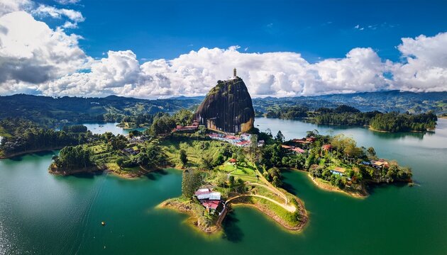 aerial view of la piedra the rock of guatape in colombia surrounded by lush greenery and vibrant lake waters captured from above in stunning urban exploration photography