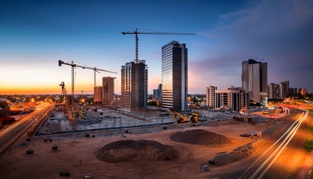 gaborone central business district construction at dusk with city skyline and industrial machinery botswana