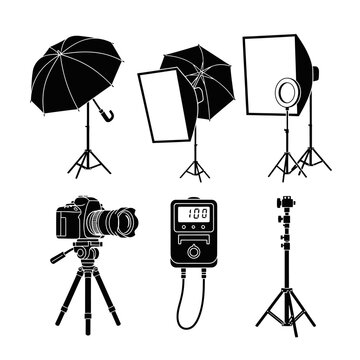 Photography Studio Equipment Collection: Camera, Lights, Tripods, Softbox, Ring Light