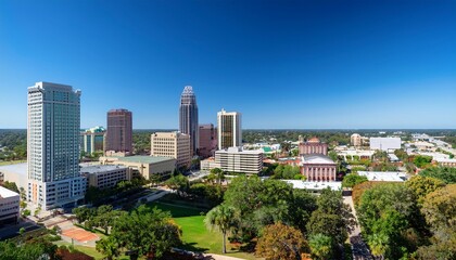 Fototapeta premium scenic view of downtown tallahassee with skyscrapers and lush greenery under clear blue sky