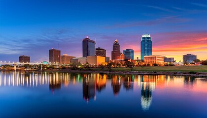 Fototapeta premium stunning oklahoma city skyline at dusk with vibrant colors reflecting on the calm river surface