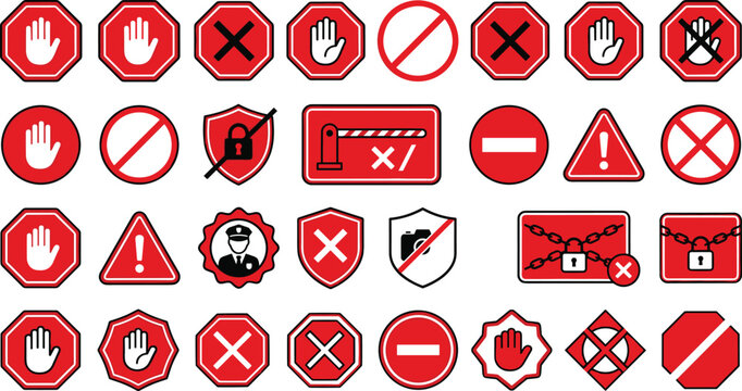 Red Stop Sign and Warning Security Icon Set Featuring Hand Gestures Prohibited Symbols Shield Badges Padlocks Chains and Barrier Vector Graphics