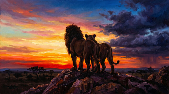A dramatic oil painting of a male and female lion silhouetted on a rocky outcrop against a vibrant Serengeti sunset.