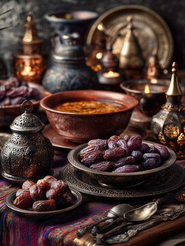 Ramadan iftar table with dates, traditional food, and lanterns