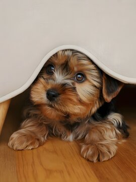 Cachorro de yorkshire terrier asom&aacute;ndose t&iacute;midamente debajo del sof&aacute; de casa