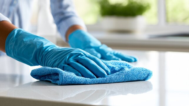 Professional Hands Cleaning Blue Gloves Kitchen Countertop with Cloth