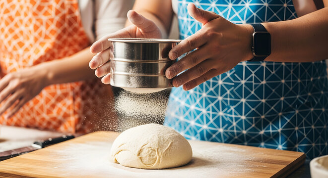 Hands sifting flour onto dough with a sieve on a wooden board baking
