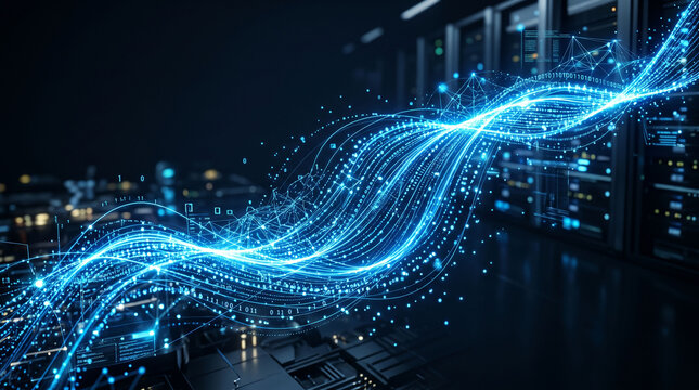 Glowing blue data streams flow through a futuristic digital landscape with binary code and circuit board patterns in a dark room with computer servers.