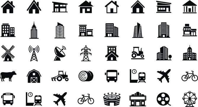 Flat pack black and white icons of buildings, vehicles, and objects